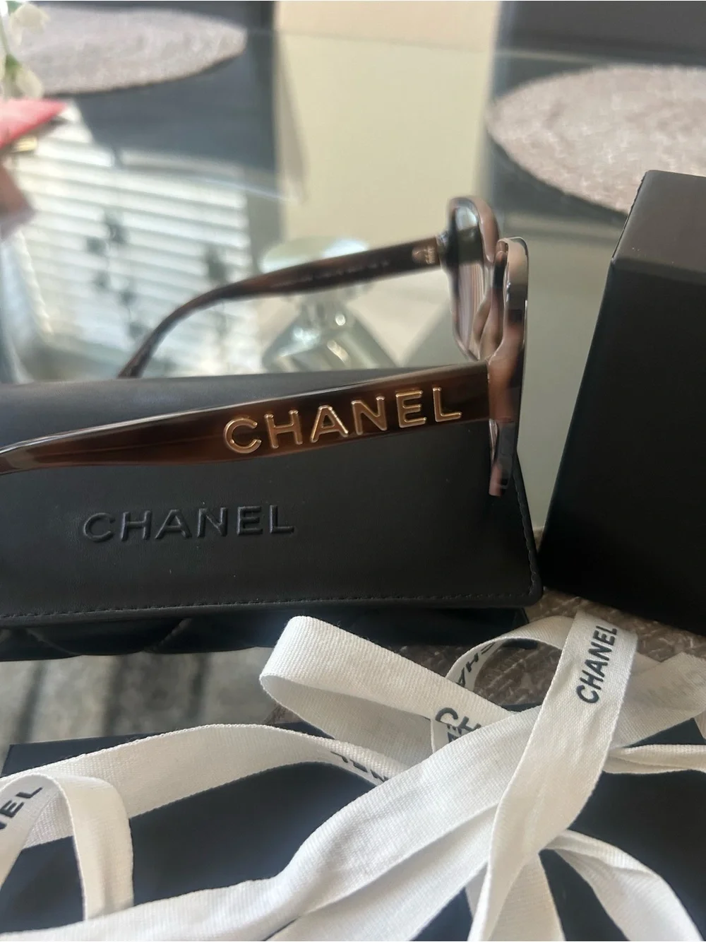 CHANEL Brown and Gold Logo Sunglasses